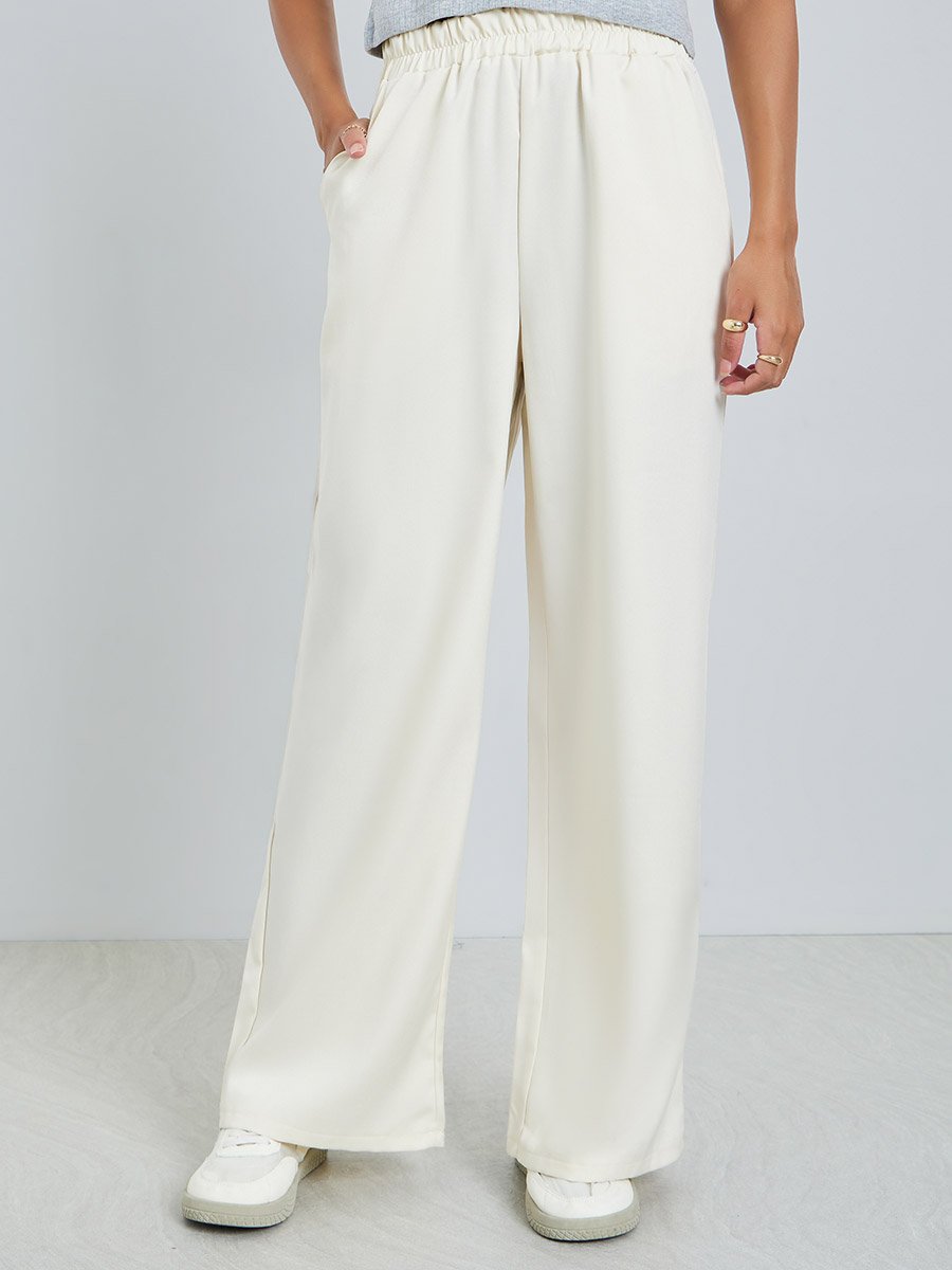 Cream Wide Leg Pants with Pocket