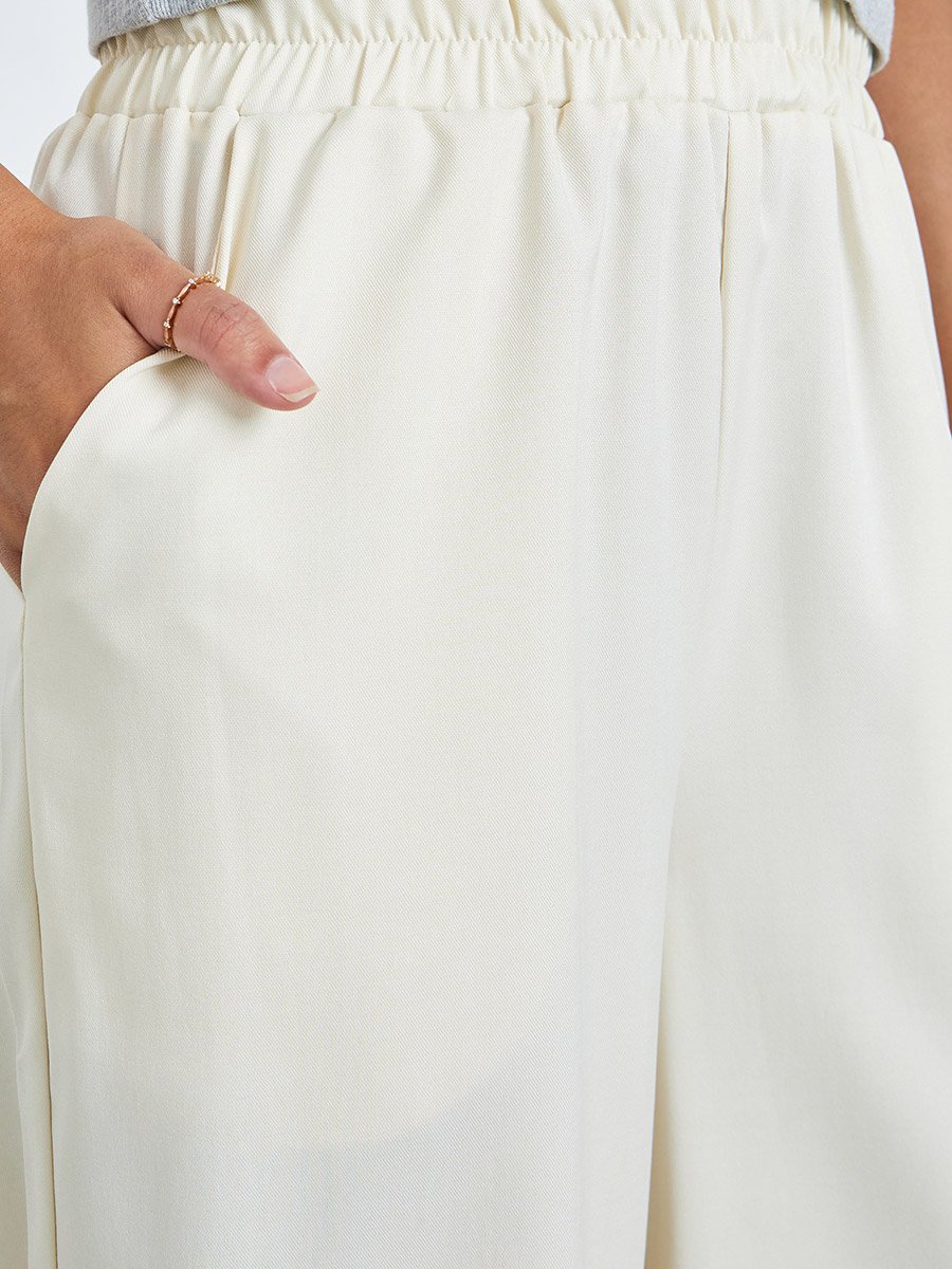 Cream Wide Leg Pants with Pocket