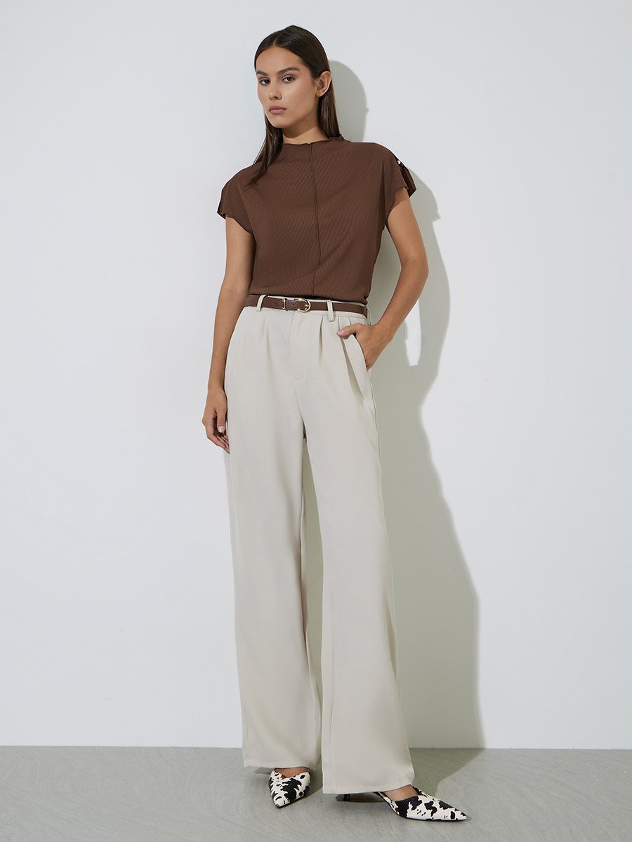 Beige Wide Leg Pleated Pants
