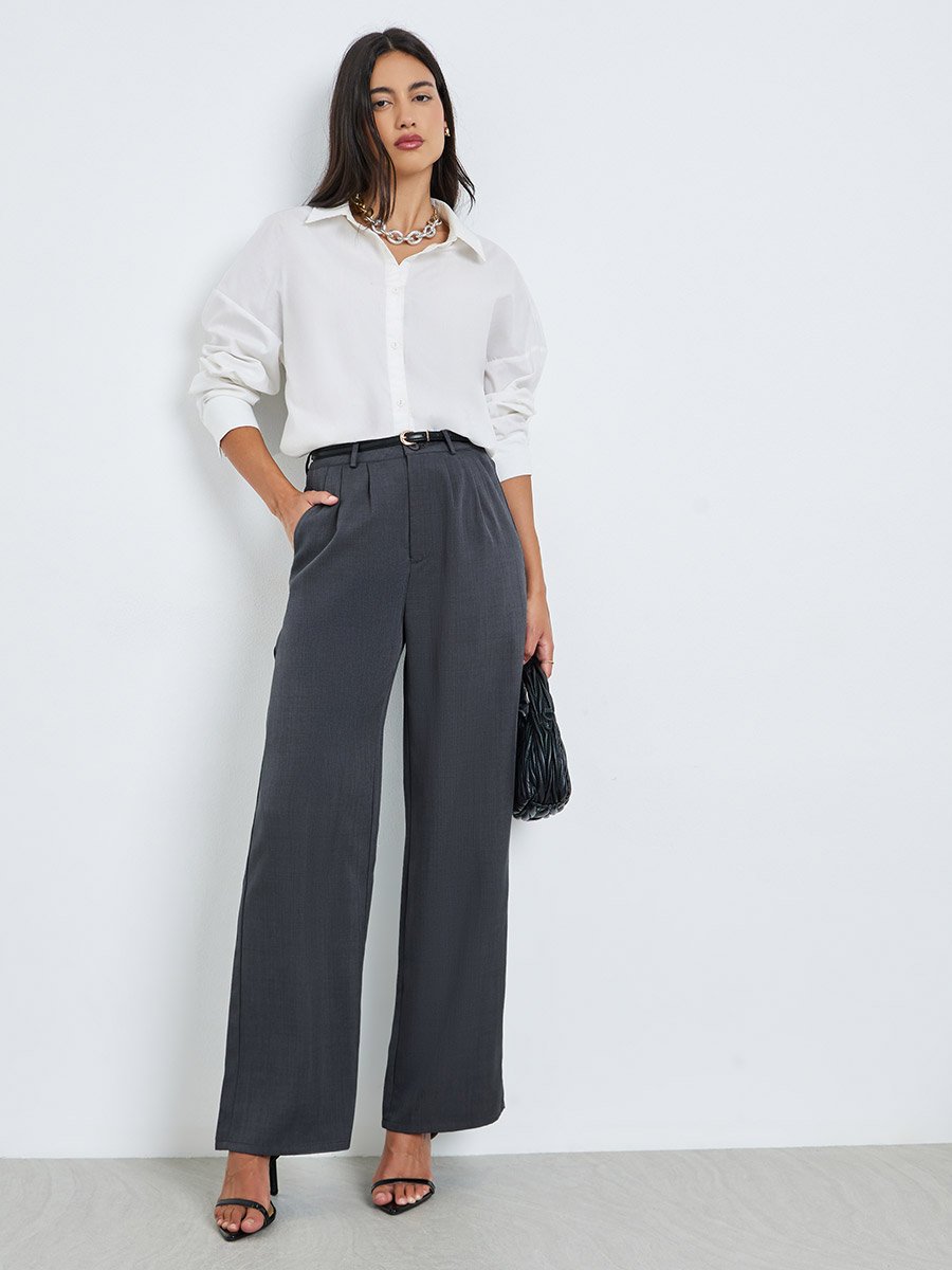 Grey Wide Leg Pleated Pants