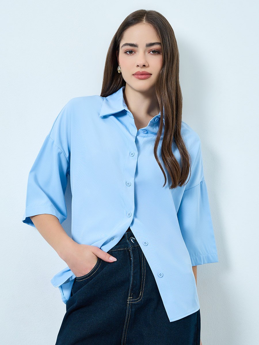 Blue Solid 3/4 Sleeves Oversized Shirt