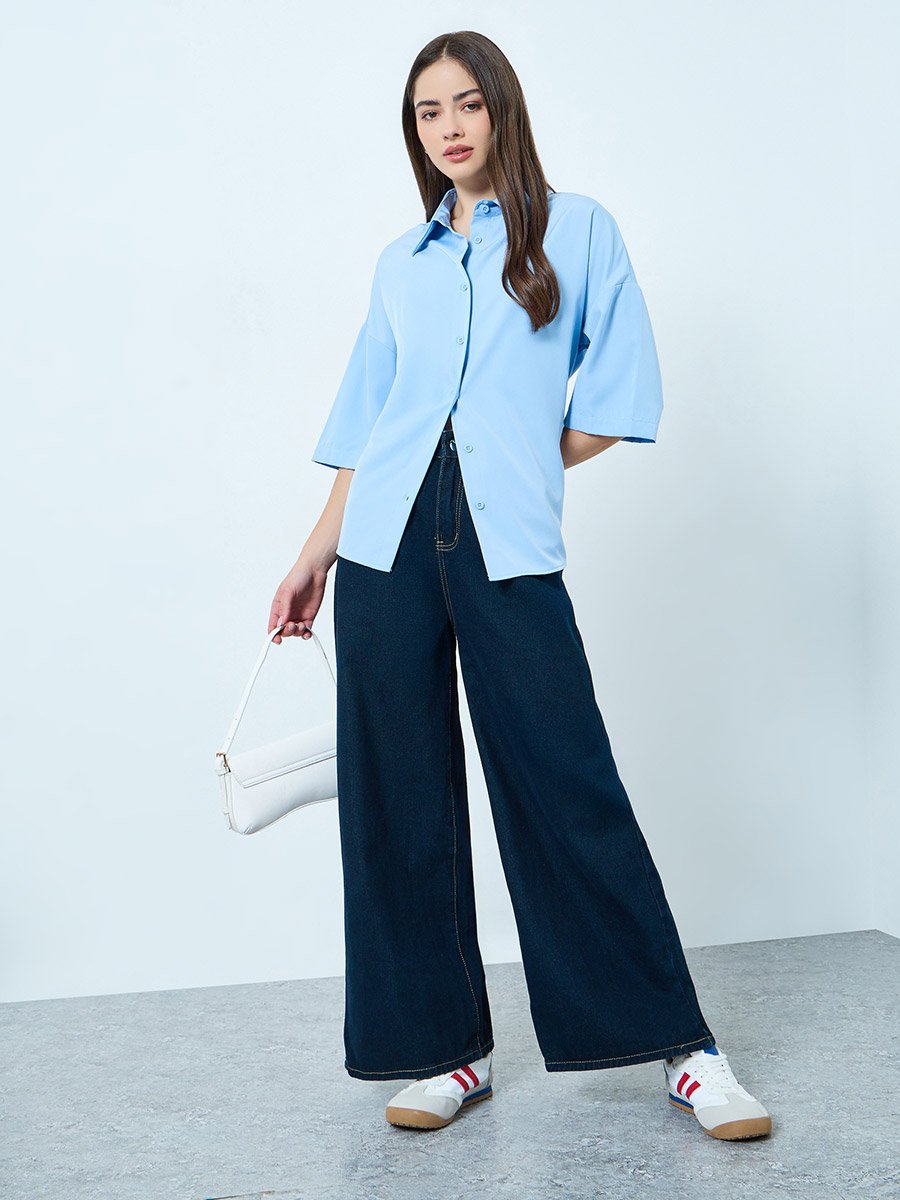 Blue Solid 3/4 Sleeves Oversized Shirt