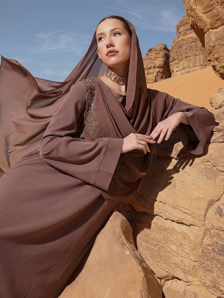 Brown Georgette Regular Abaya with Embellished Hijab