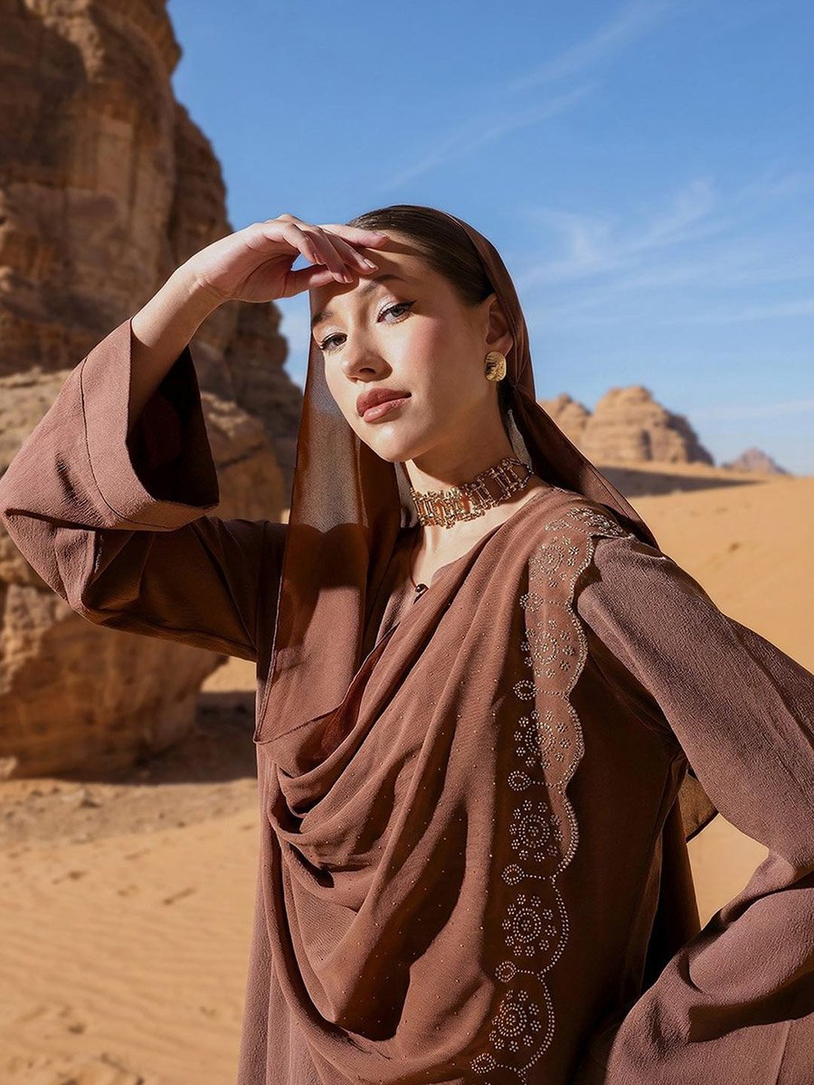Brown Georgette Regular Abaya with Embellished Hijab