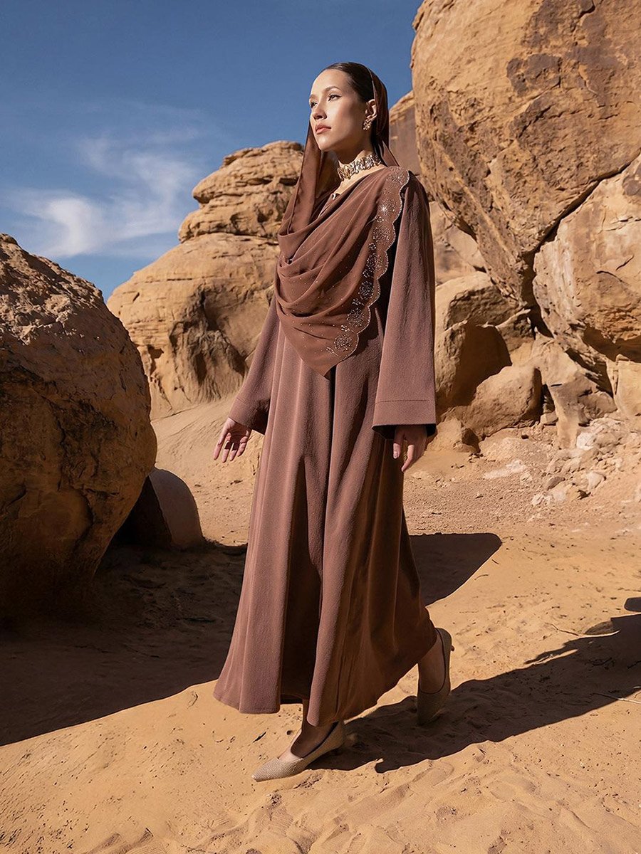 Brown Georgette Regular Abaya with Embellished Hijab
