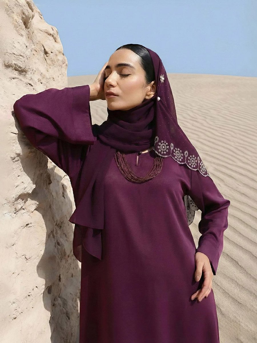 Purple Georgette Regular Abaya with Embellished Hijab