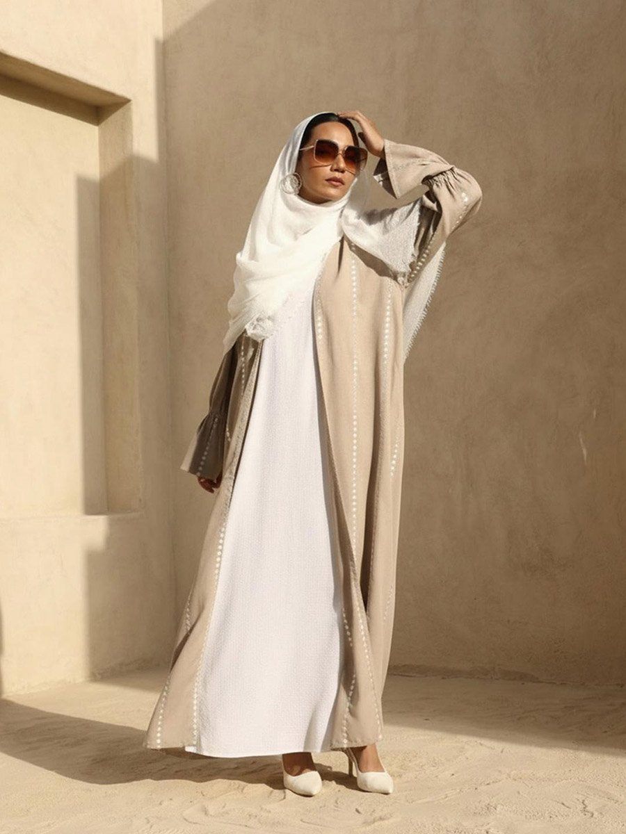 Beige Crinkled Cotton Relaxed Abaya with Hijab