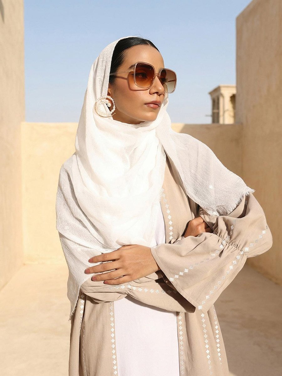 Beige Crinkled Cotton Relaxed Abaya with Hijab