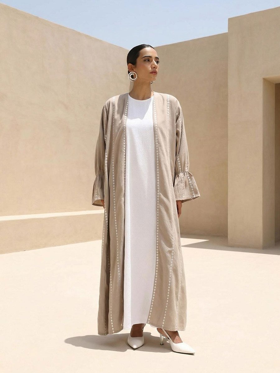 Beige Crinkled Cotton Relaxed Abaya with Hijab
