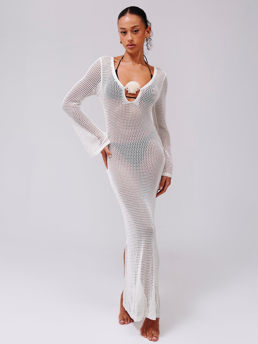 Knitted Flared Sleeve Shell Detail Maxi Kaftan