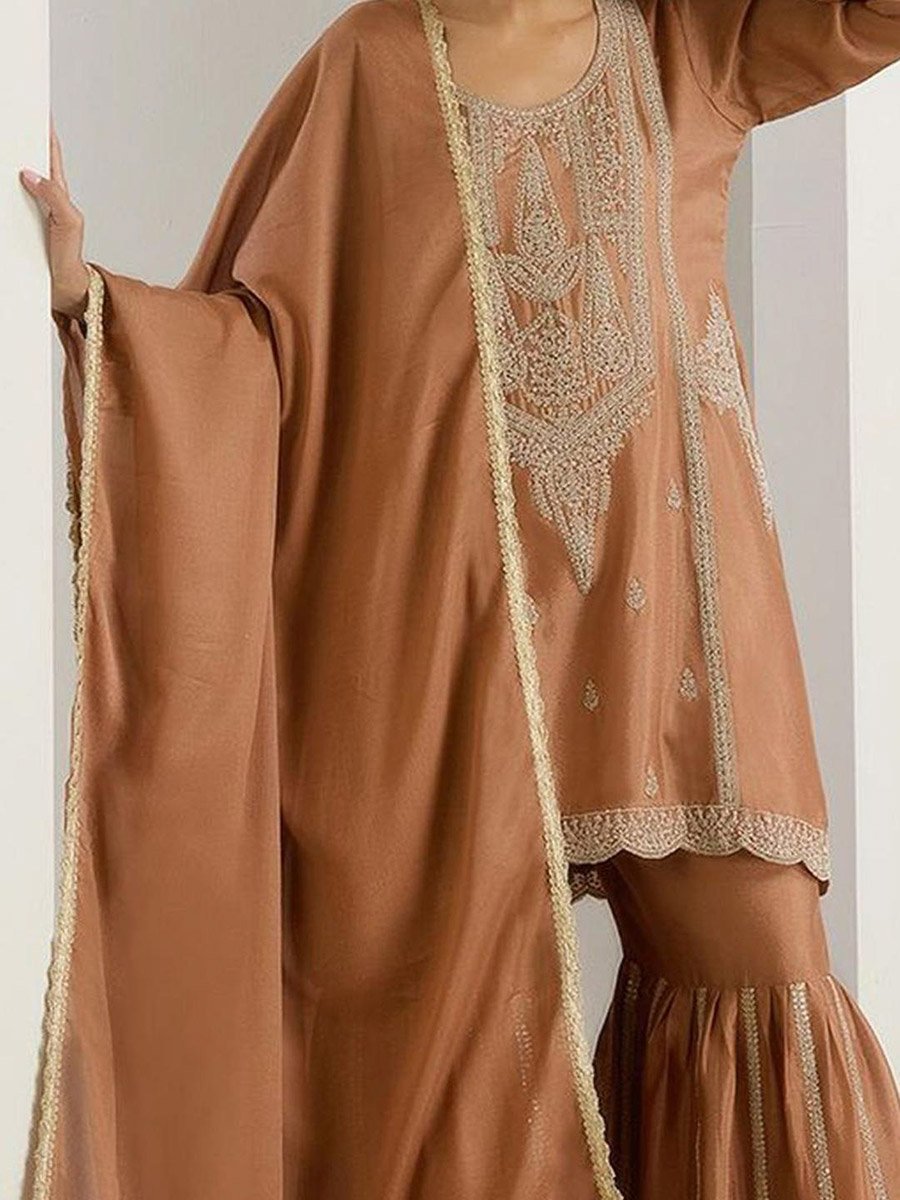 3-Piece Chinon Zari Embroidered Kurta, Sharara and Tassel Dupatta Set