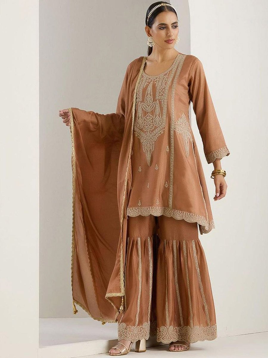 3-Piece Chinon Zari Embroidered Kurta, Sharara and Tassel Dupatta Set