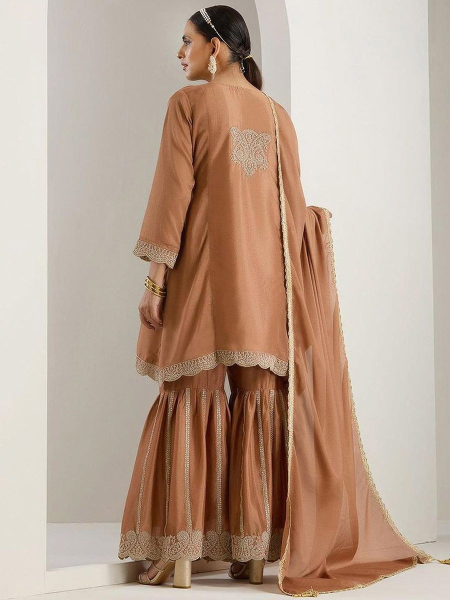 3-Piece Chinon Zari Embroidered Kurta, Sharara and Tassel Dupatta Set