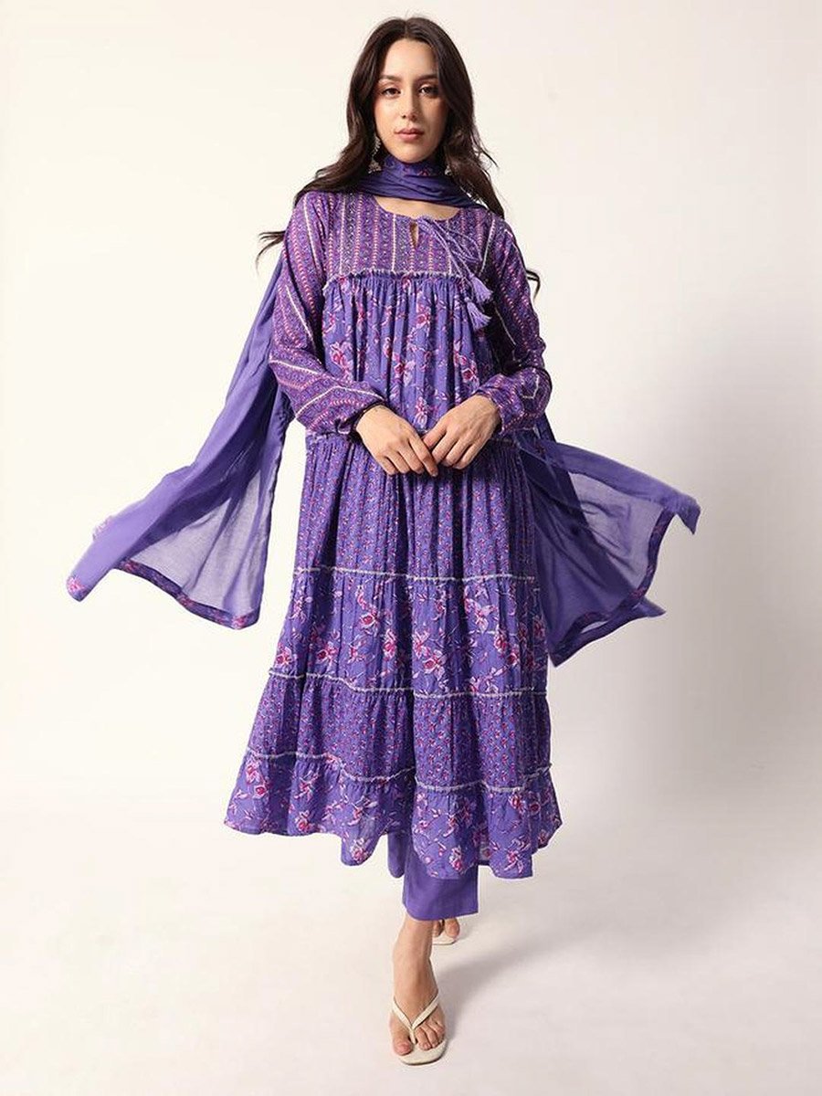 3-Piece Cotton Floral Print Tiered Kurta, Pants and Dupatta Set
