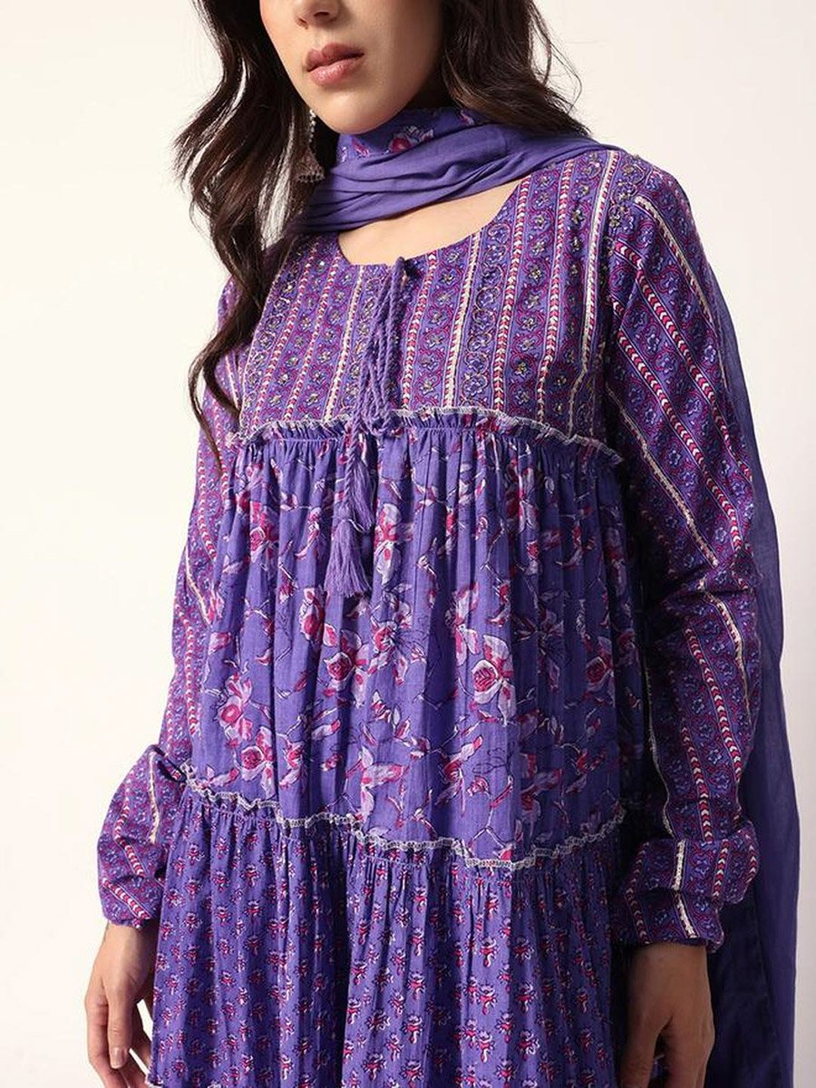 3-Piece Cotton Floral Print Tiered Kurta, Pants and Dupatta Set