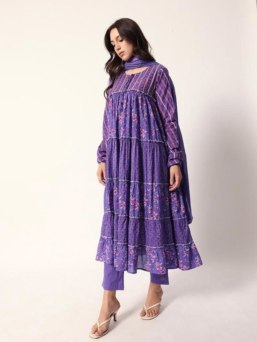 3-Piece Cotton Floral Print Tiered Kurta, Pants and Dupatta Set