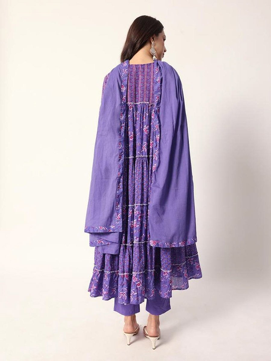 3-Piece Cotton Floral Print Tiered Kurta, Pants and Dupatta Set