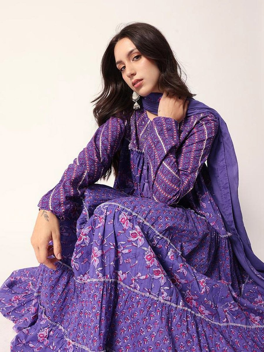 3-Piece Cotton Floral Print Tiered Kurta, Pants and Dupatta Set