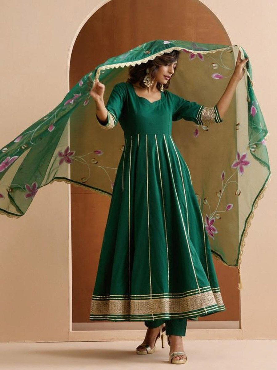 3-Piece Zari Embroidered Kurta, Pants and Painted Dupatta Set