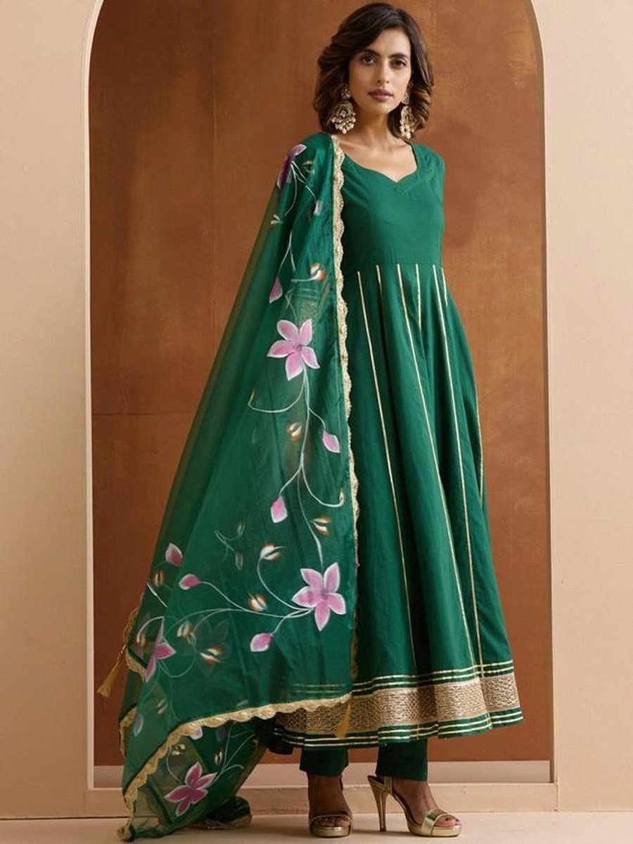 3-Piece Zari Embroidered Kurta, Pants and Painted Dupatta Set