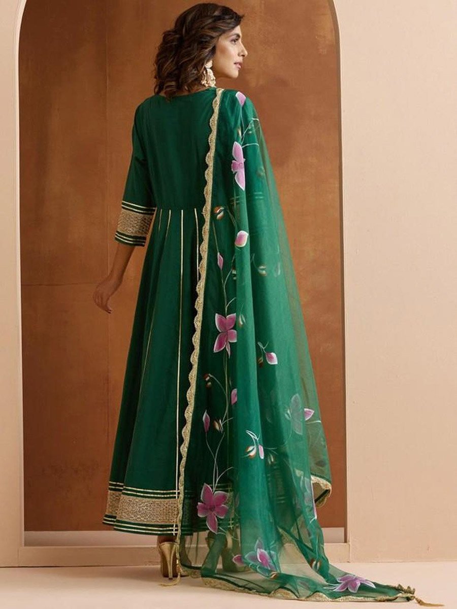 3-Piece Zari Embroidered Kurta, Pants and Painted Dupatta Set