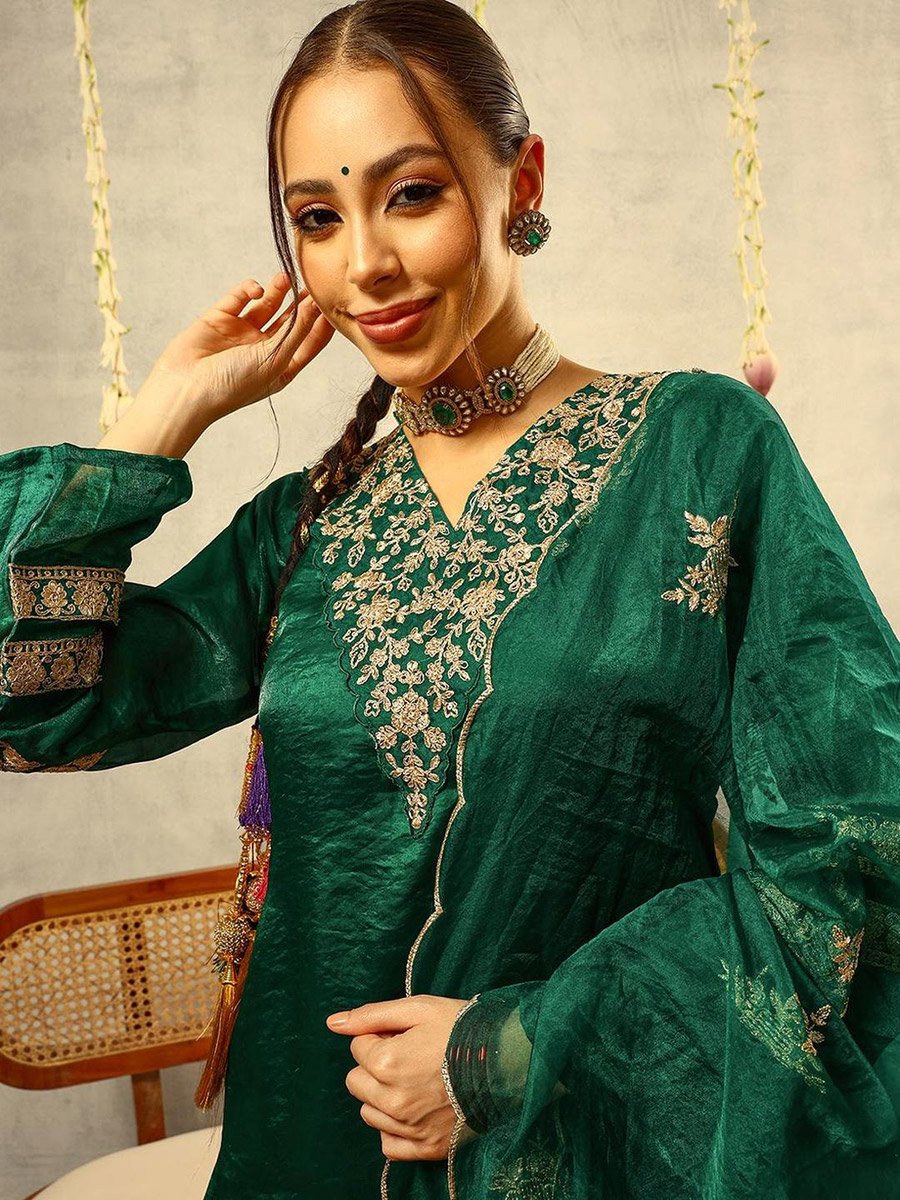 3-Piece Zari Embroidered Festive Kurta, Trouser and Embellished Organza Dupatta Set