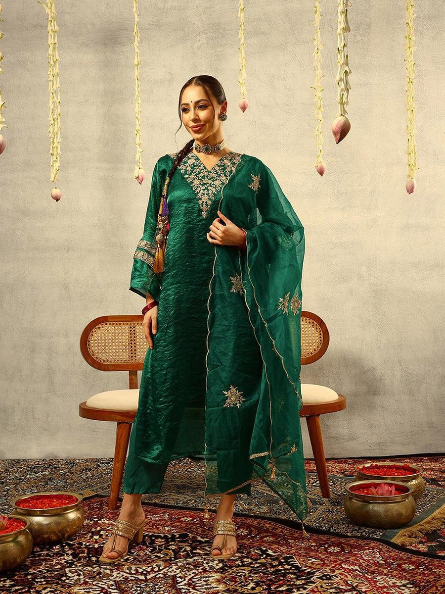 3-Piece Zari Embroidered Festive Kurta, Trouser and Embellished Organza Dupatta Set