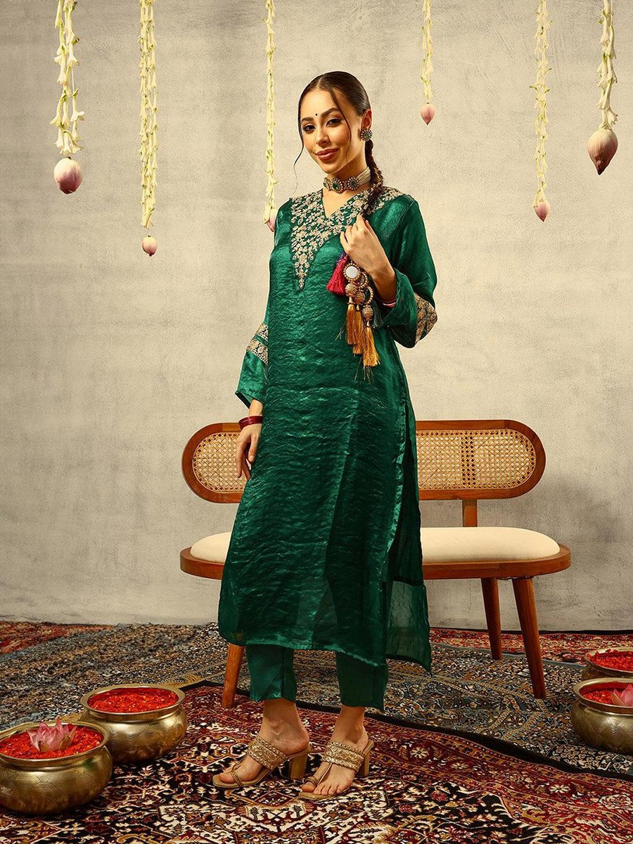3-Piece Zari Embroidered Festive Kurta, Trouser and Embellished Organza Dupatta Set