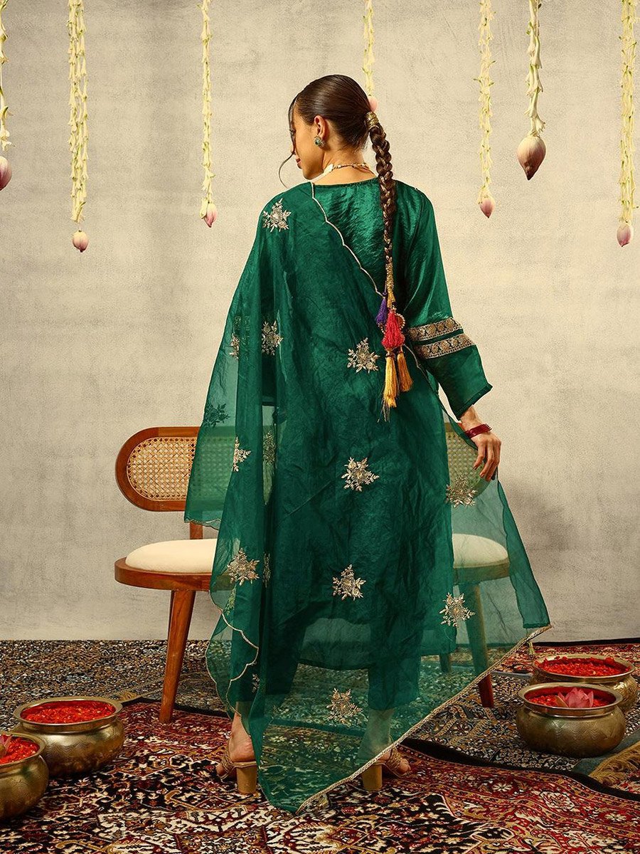3-Piece Zari Embroidered Festive Kurta, Trouser and Embellished Organza Dupatta Set