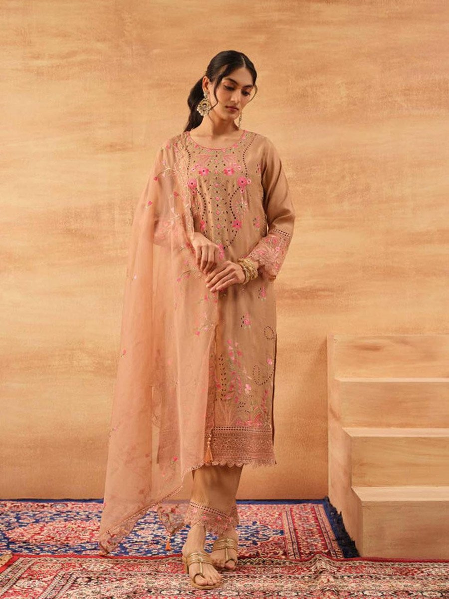 3-Piece Brown Roman Silk Kurta, Pants and Dupatta Set