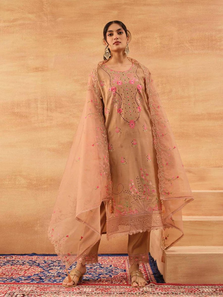 3-Piece Brown Roman Silk Kurta, Pants and Dupatta Set