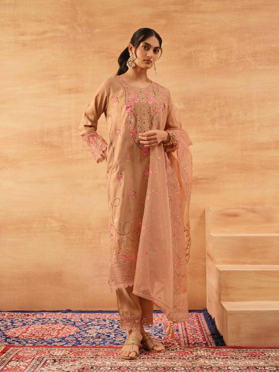 3-Piece Brown Roman Silk Kurta, Pants and Dupatta Set