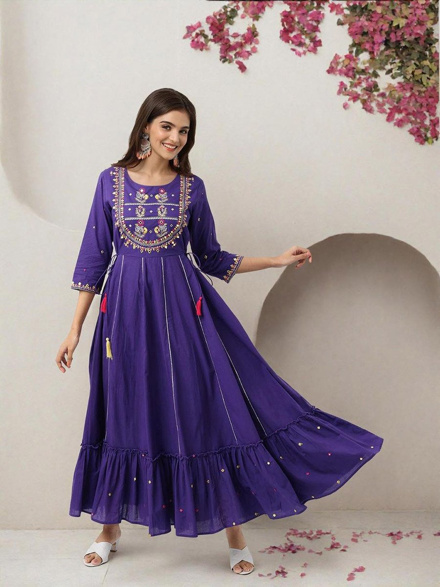 Purple Cotton Embroidered Maxi Dress For Women at Bahrain | Styli