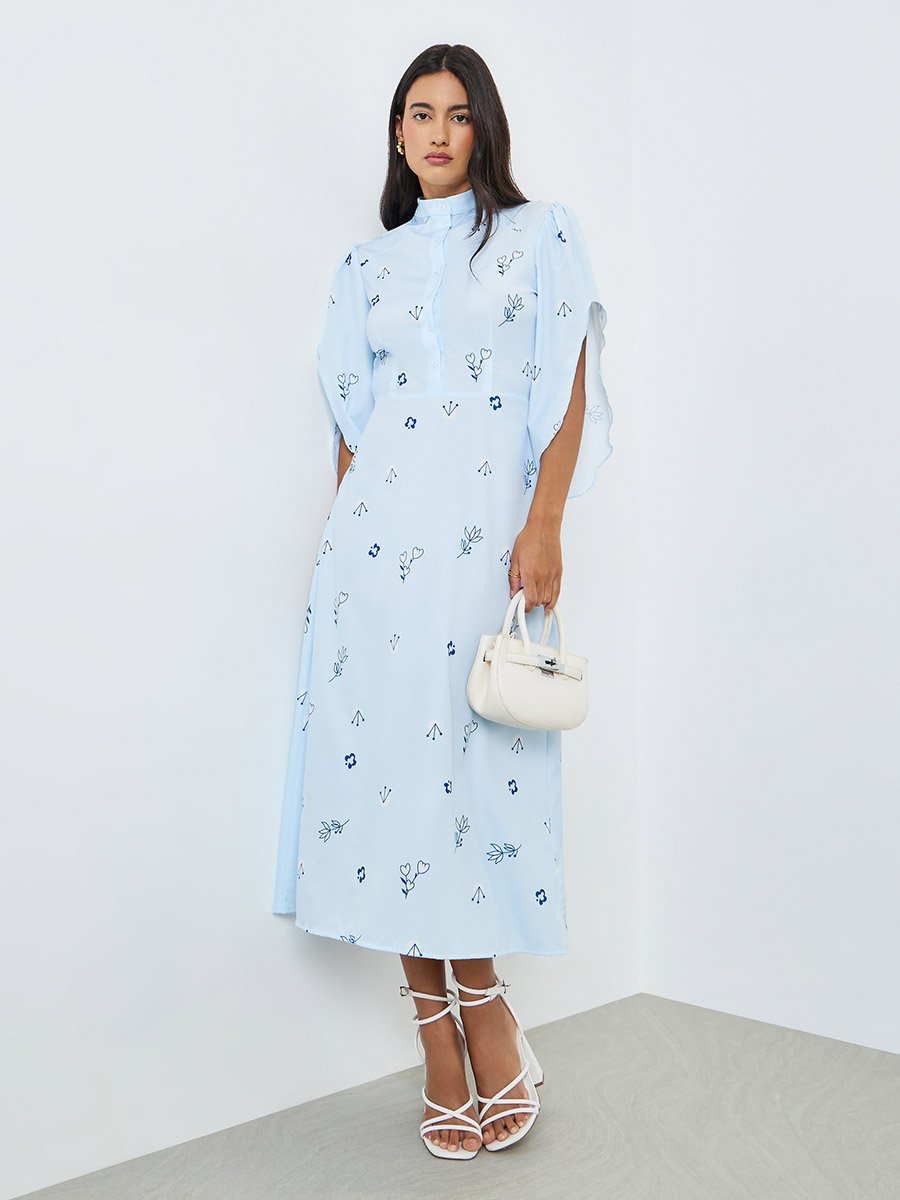 Blue Floral Print Buttoned A-Line Midi Dress