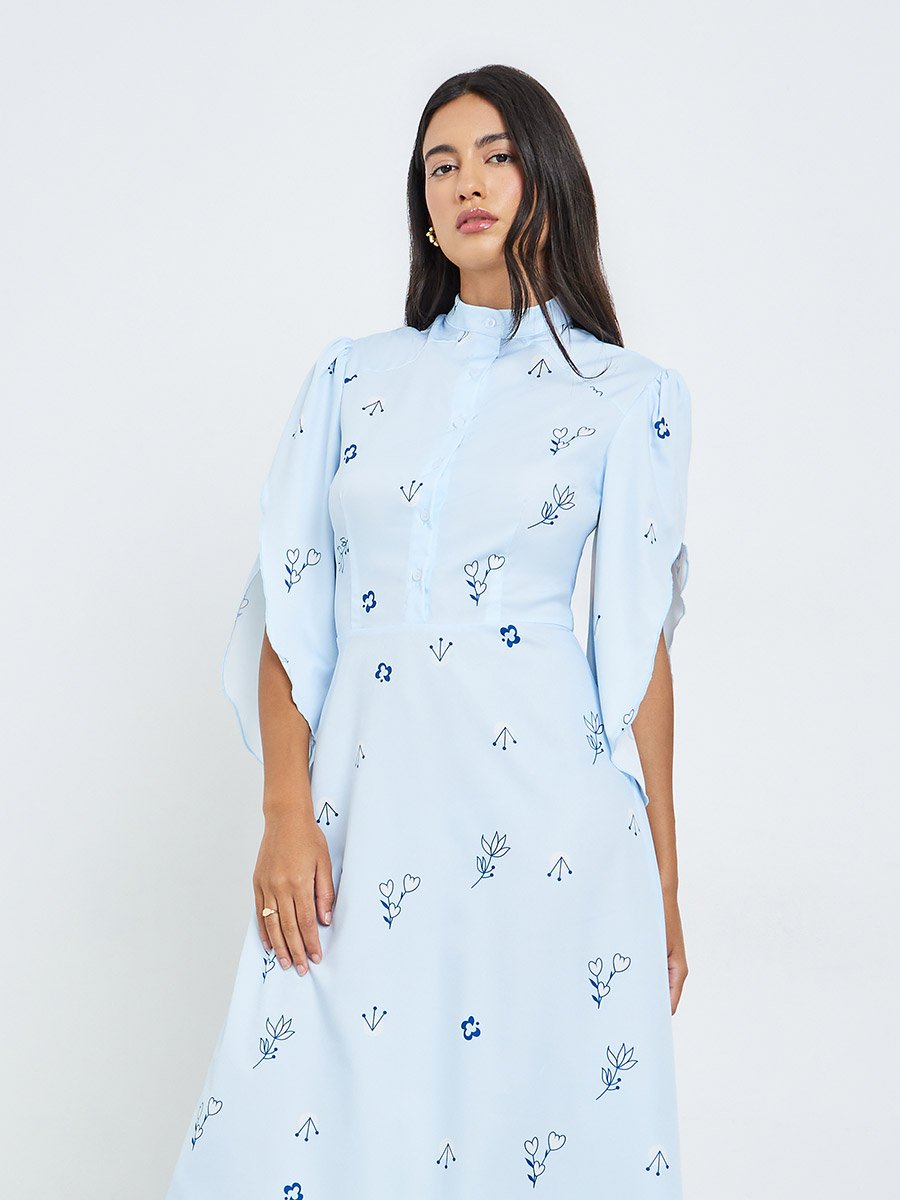 Blue Floral Print Buttoned A-Line Midi Dress
