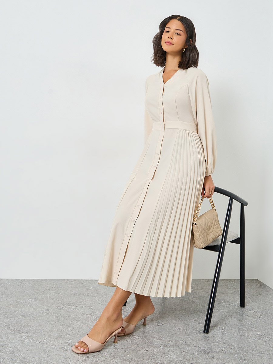 Beige Pleated V Neck Midi Dress