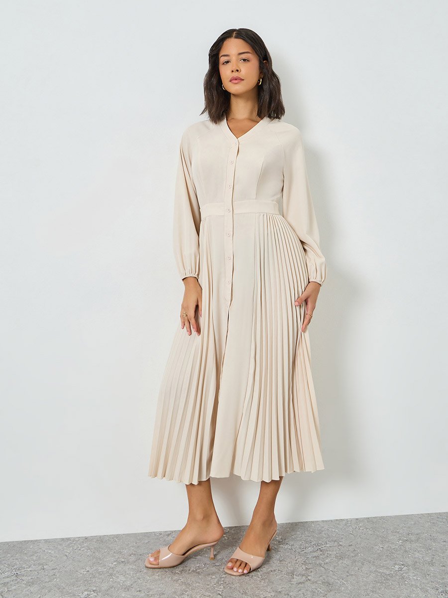 Beige Pleated V Neck Midi Dress