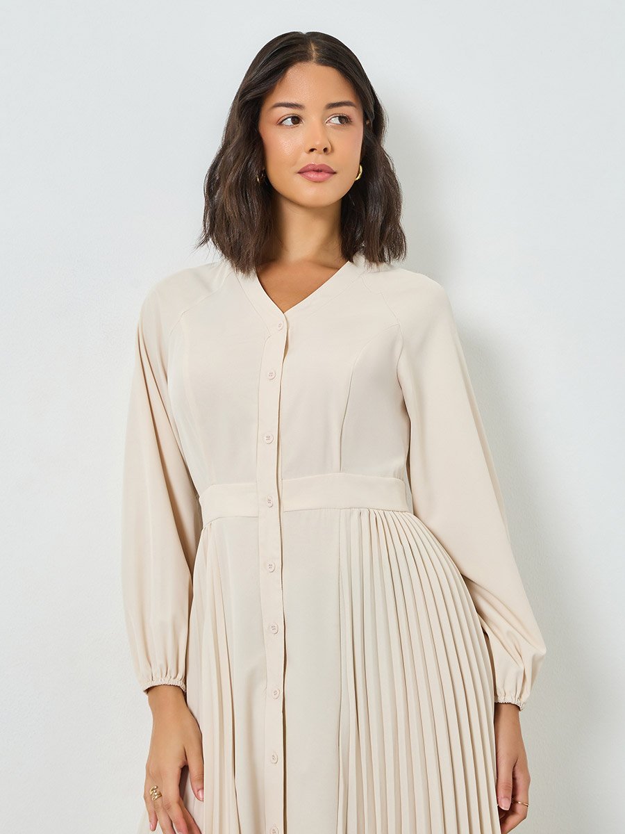 Beige Pleated V Neck Midi Dress