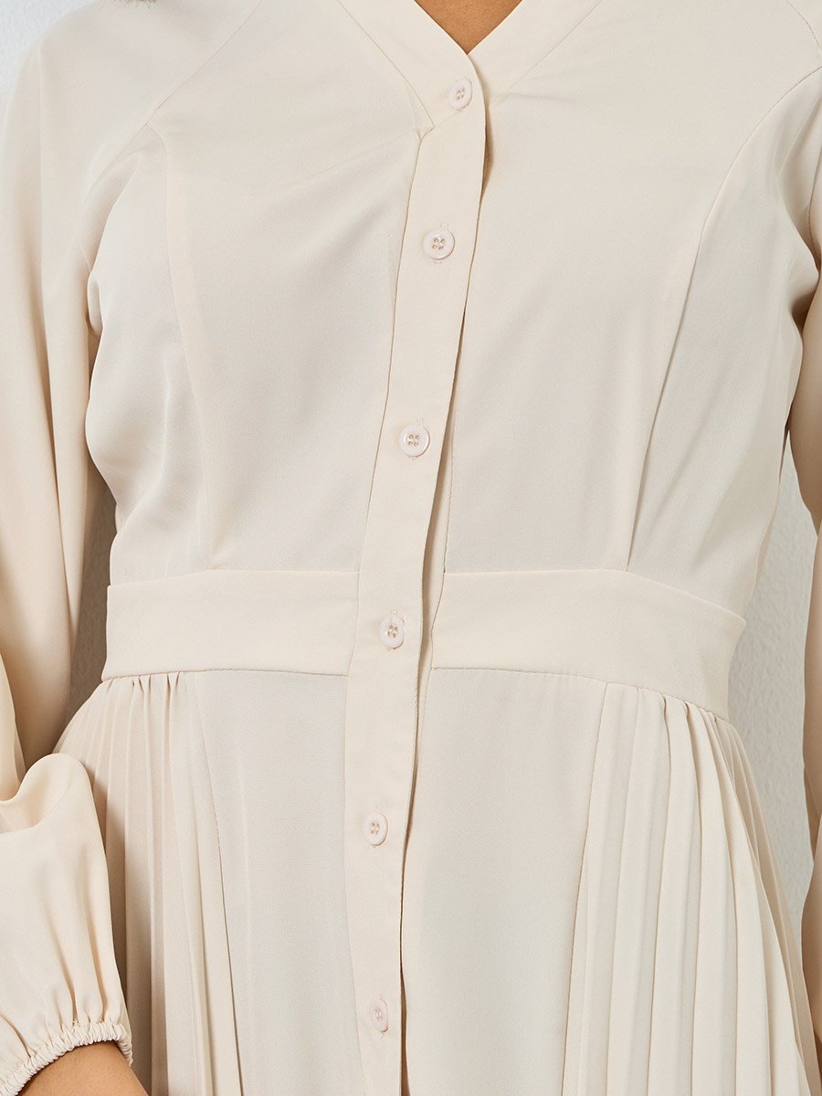 Beige Pleated V Neck Midi Dress