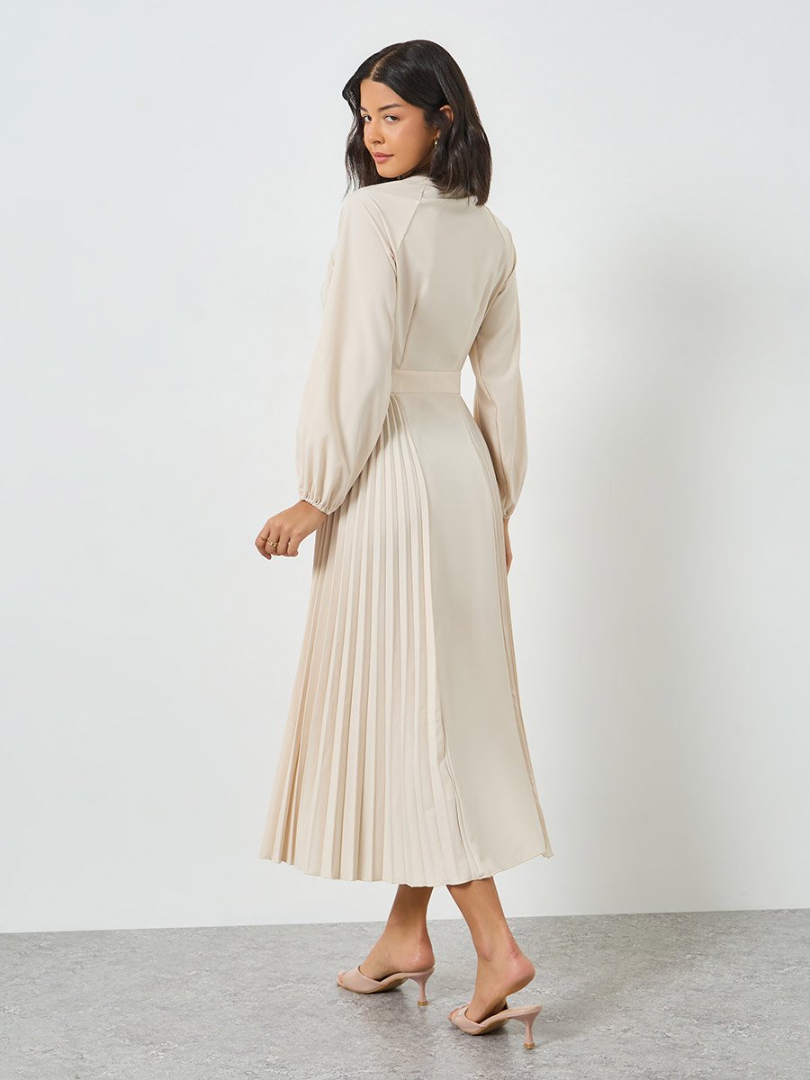 Beige Pleated V Neck Midi Dress