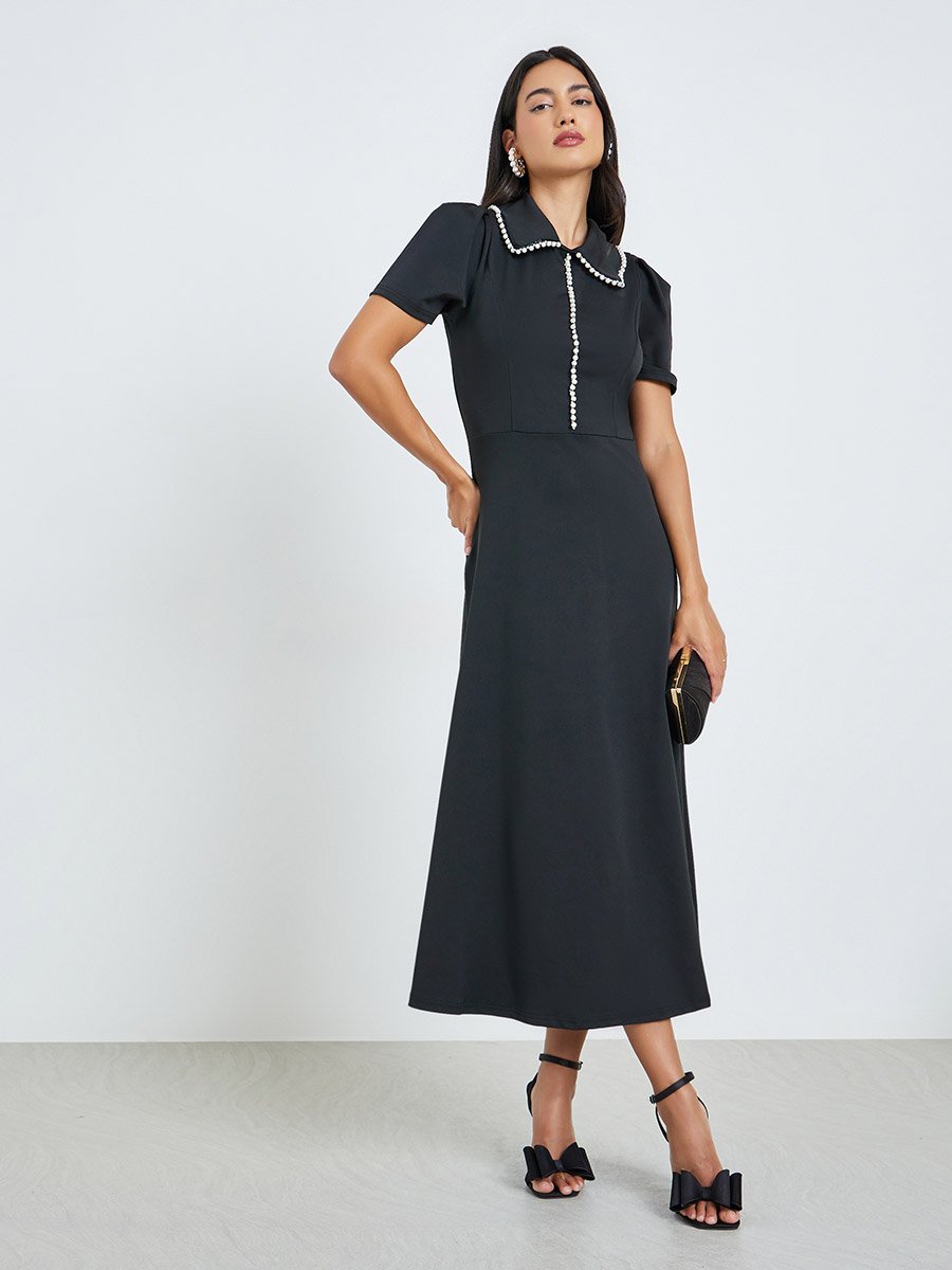 Black Pearl-Embellished Collared A-Line Midi Dress