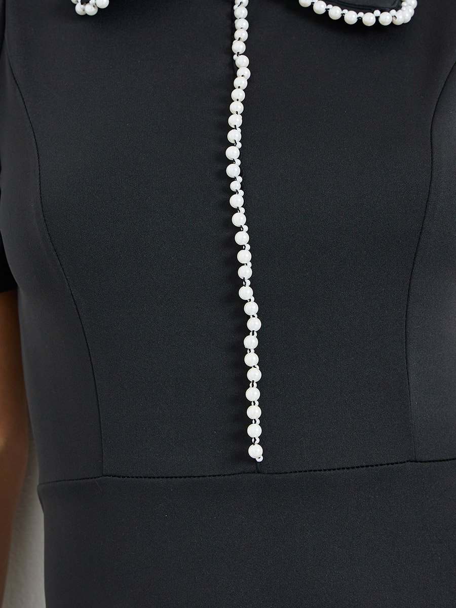 Black Pearl-Embellished Collared A-Line Midi Dress