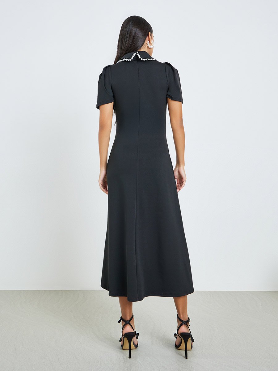 Black Pearl-Embellished Collared A-Line Midi Dress