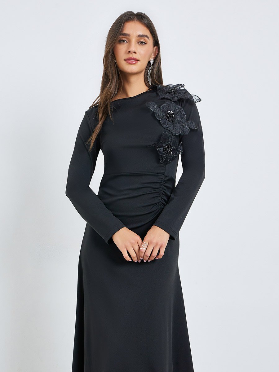 Black Flower Applique A-Line Maxi Dress