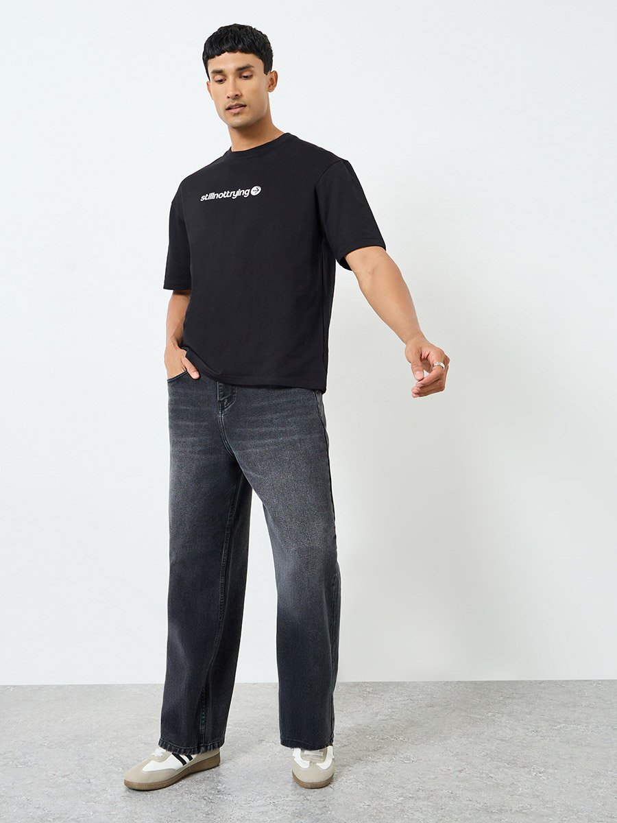 Men Black Graphic Print Cotton Oversized T-Shirt