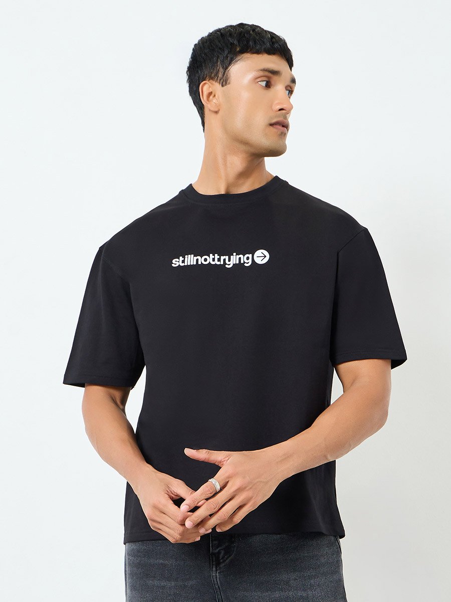 Men Black Graphic Print Cotton Oversized T-Shirt