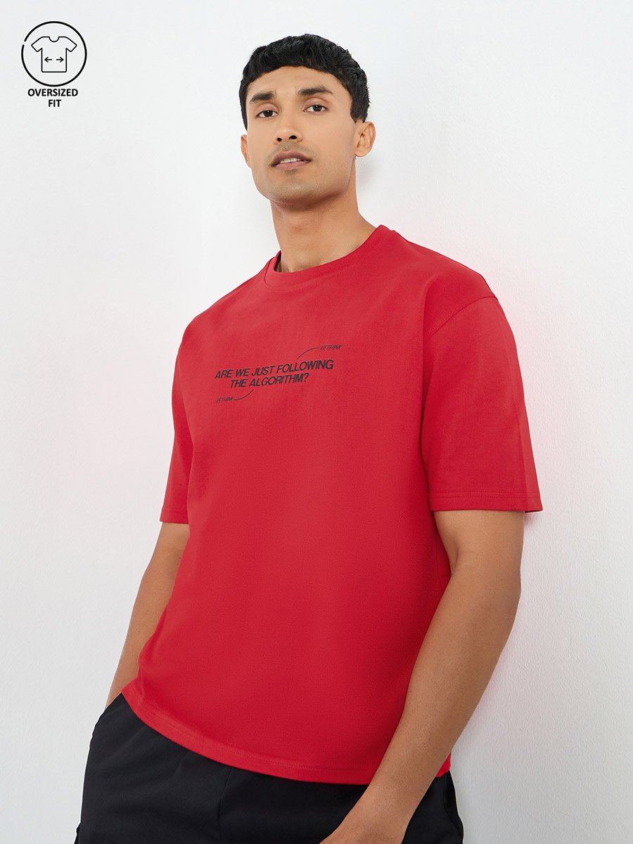 Men Red Slogan Printed Oversized Terry T-Shirt