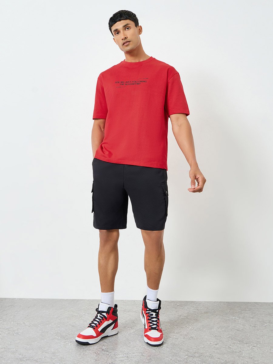 Men Red Slogan Printed Oversized Terry T-Shirt
