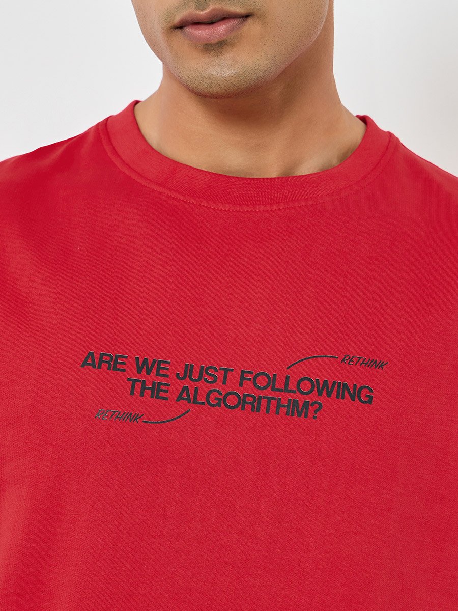 Men Red Slogan Printed Oversized Terry T-Shirt