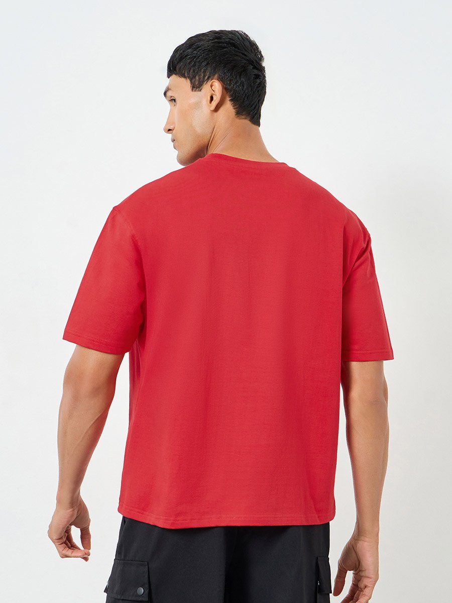 Men Red Slogan Printed Oversized Terry T-Shirt